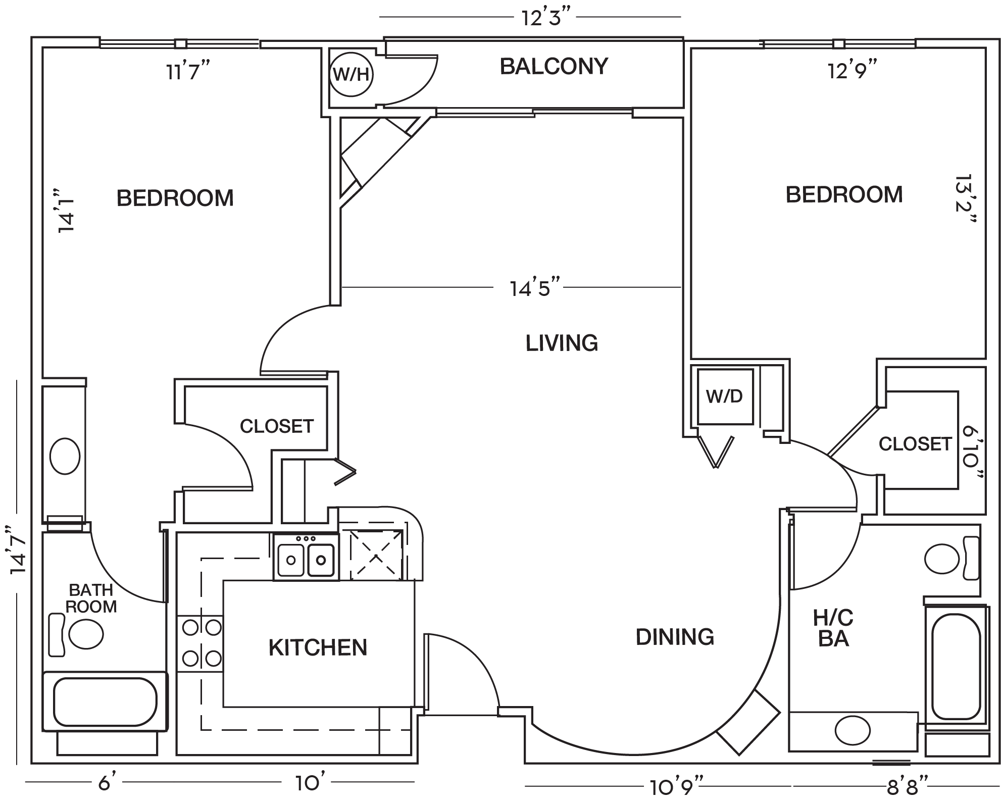 Floor plan for 2 beds, 2 baths, 1128 sqft
